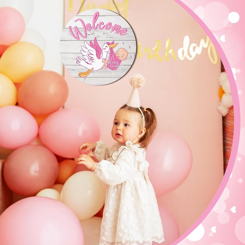 Chunful Baby Girl Door Sign Gender Reveal Welcome Sign Hanging Wreath Round Rustic Wood Farmhouse Decorations Holiday Front Door Decor for Baby Shower Porch Party Supplies - Image 4